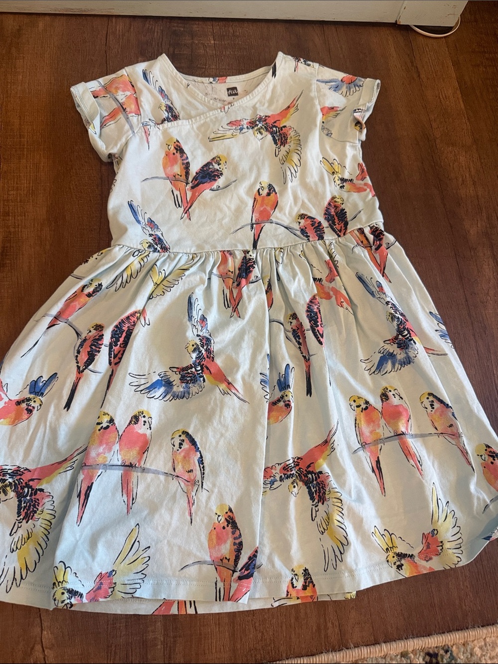 Tea Collection White Dress with Pink and Yellow Parrot Print